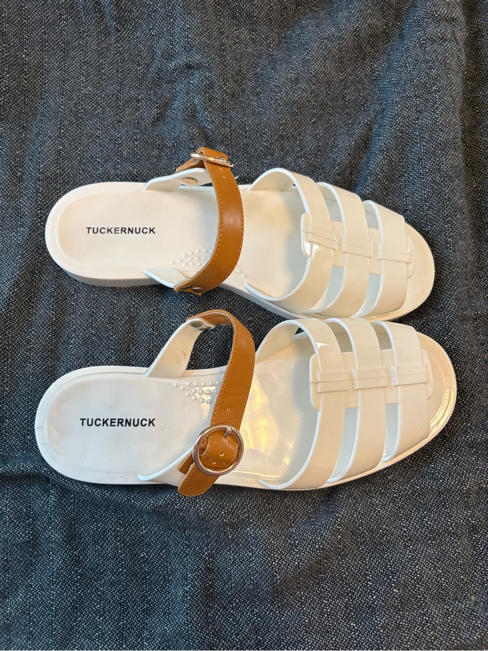 Tuckernuck White Sandal Slides with Tan Buckle Strap - Picture 2 of 5